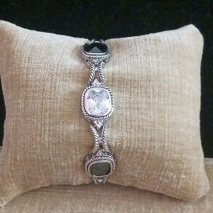 Black White Faceted Rhinestones Silver Tone Bracelet
